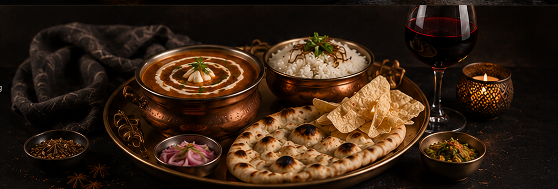 Indian dining platter with curry, rice, naan and a glass of red wine
