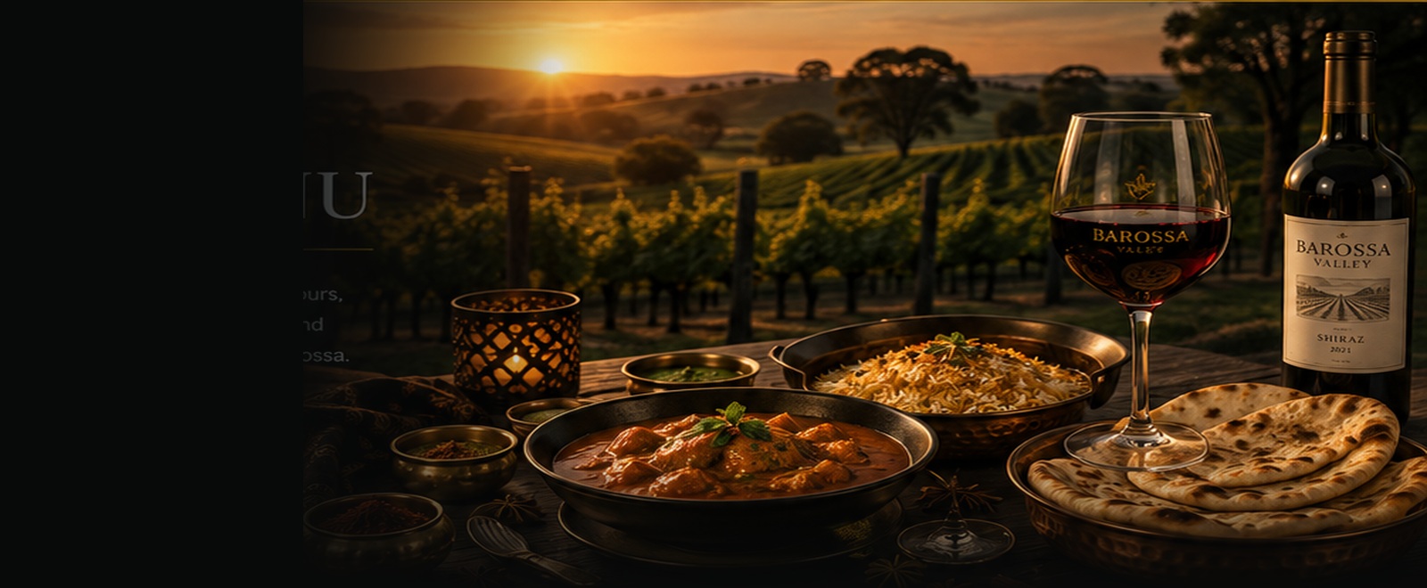 Indian feast with Barossa Valley vineyard and red wine