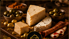 Artisan cheeses, olives and ingredients